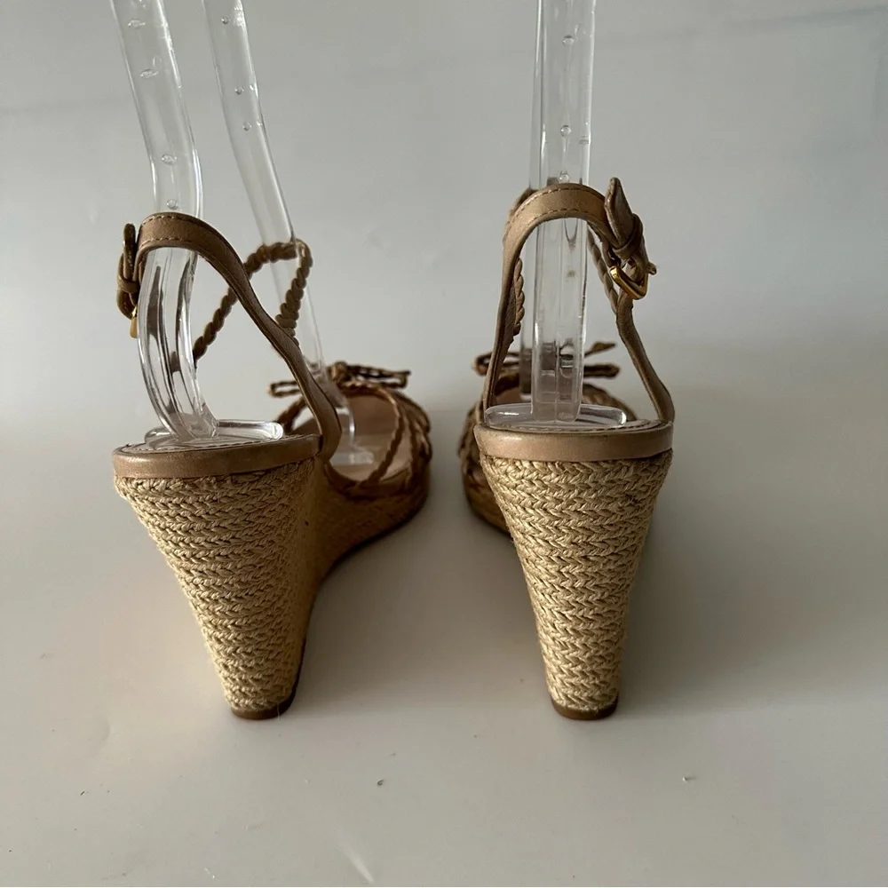 Prada Wedge Platform Sandals Cream Leather Ankle Strap Cork  Size 39.5 - Picture 6 of 9
